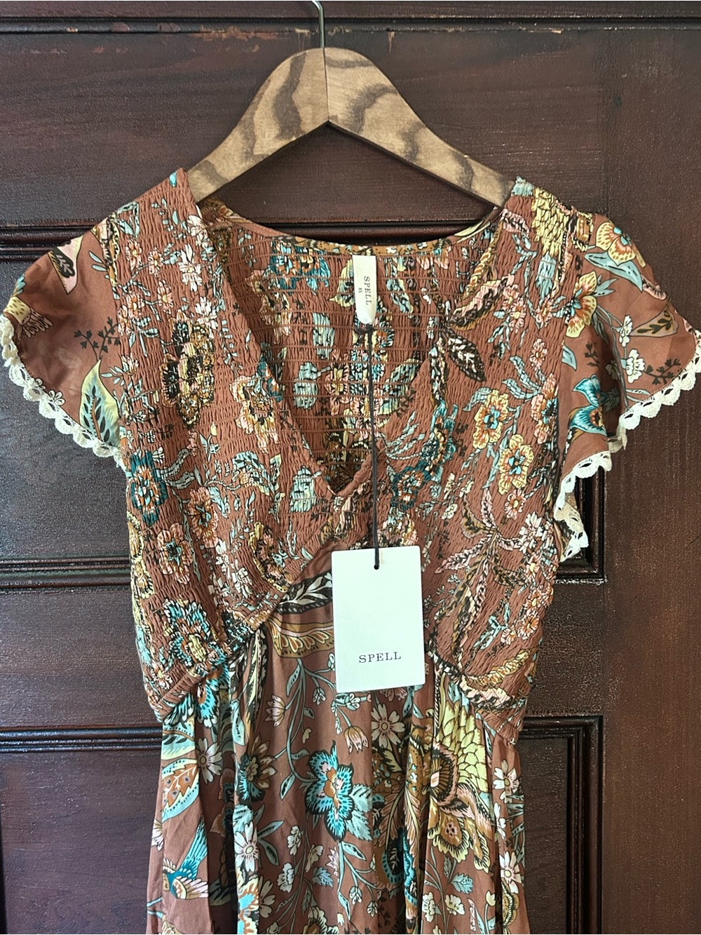 Spell Mojave Lily Shirred Maxi Dress in Amber Size XS Smocked Flutter Sleeve NWT - Picture 5 of 10